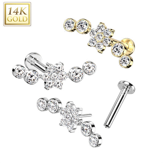 14KT Gold 14K Gold Threadless Labret/Flat Back Stud With Flower Center...
