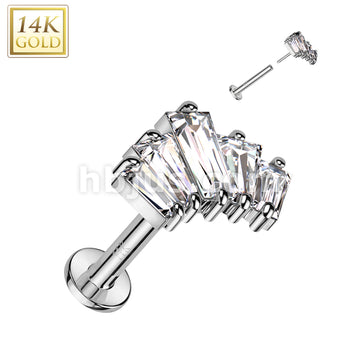 14K Gold Threadless Labret/Flat Back Stud With 5 Baguette CZ Fan Top - Image 2