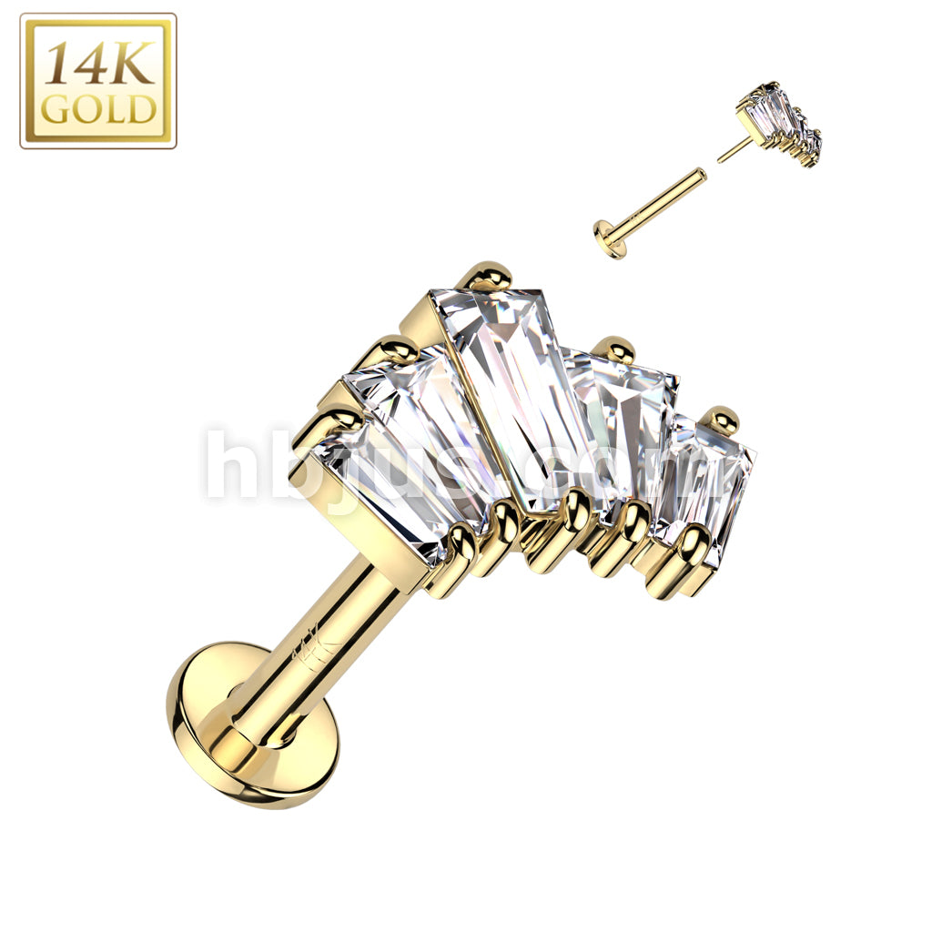 14KT  Gold 14K Gold Threadless Labret/Flat Back Stud With 5 Baguette CZ... - Image 3