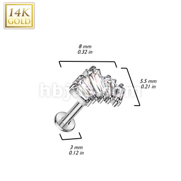 14K Gold Threadless Labret/Flat Back Stud With 5 Baguette CZ Fan Top - Image 4
