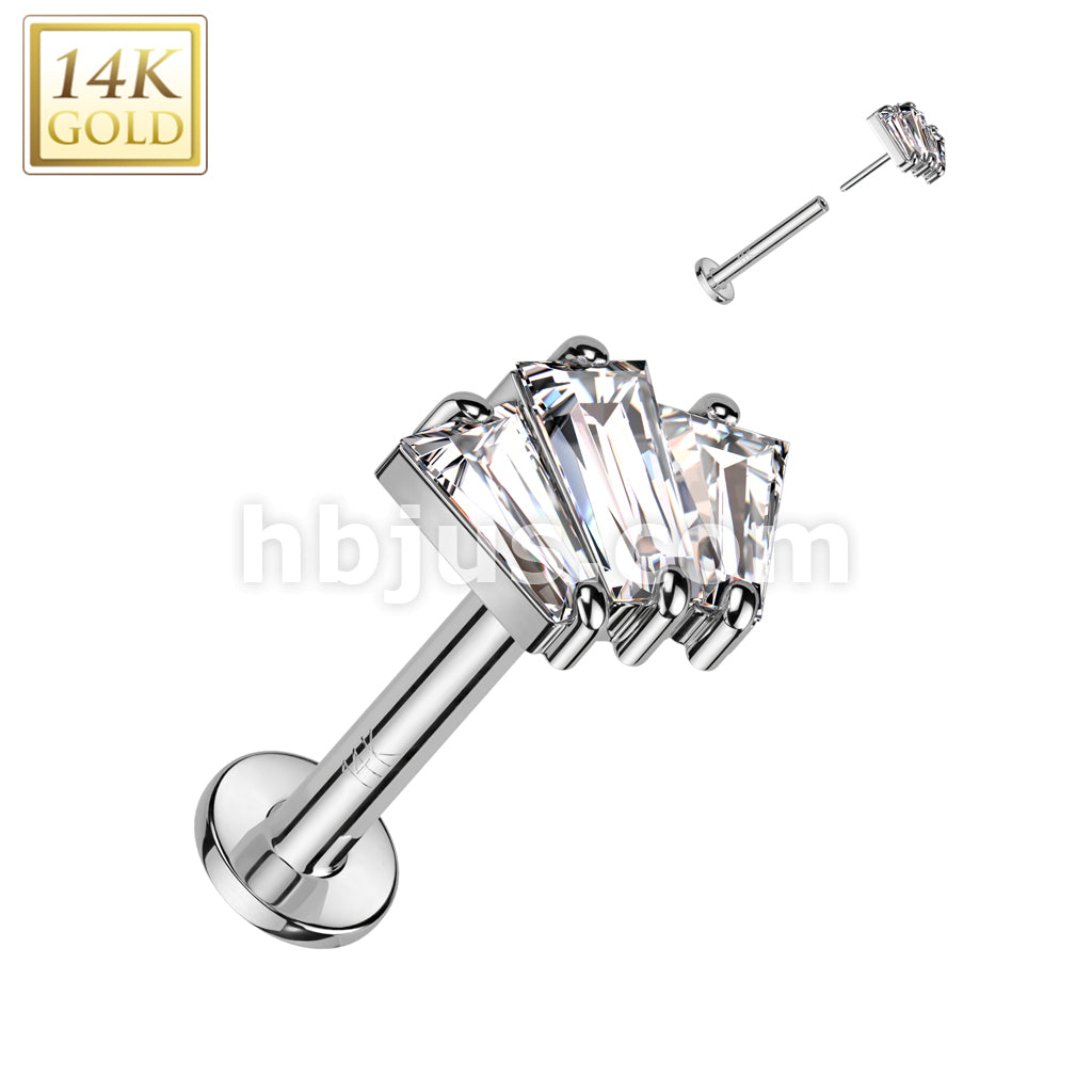 14K Gold Threadless Labret/Flat Back Stud With 3 Baguette CZ Fan Top - Image 2