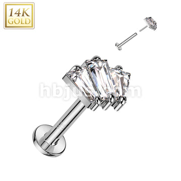 14KT  Gold 14K Gold Threadless Labret/Flat Back Stud With 3 Baguette CZ... - Image 2