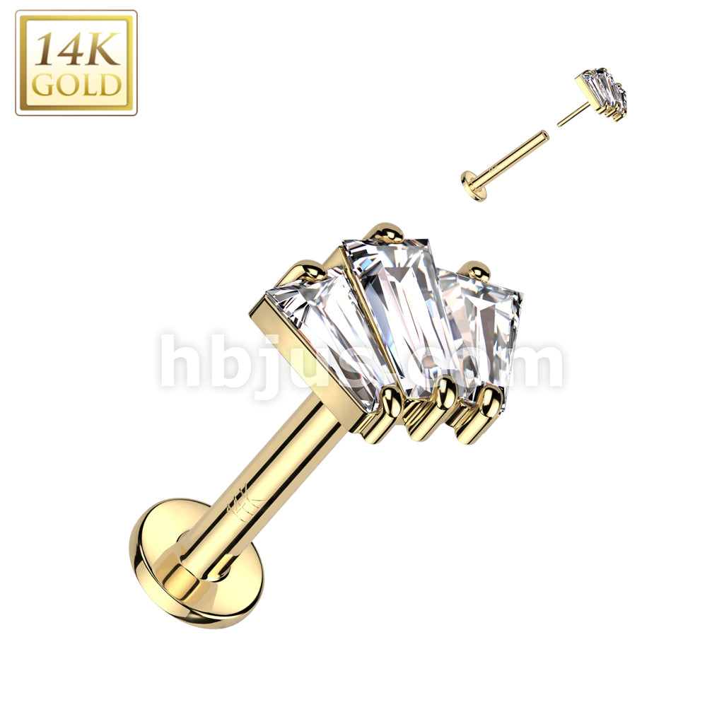 14K Gold Threadless Labret/Flat Back Stud With 3 Baguette CZ Fan Top - Image 3