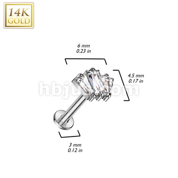 14KT  Gold 14K Gold Threadless Labret/Flat Back Stud With 3 Baguette CZ... - Image 4