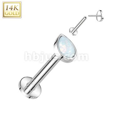 14K Gold Threadless Labret/Flat Back Stud With Pear Opal Top - Image 2