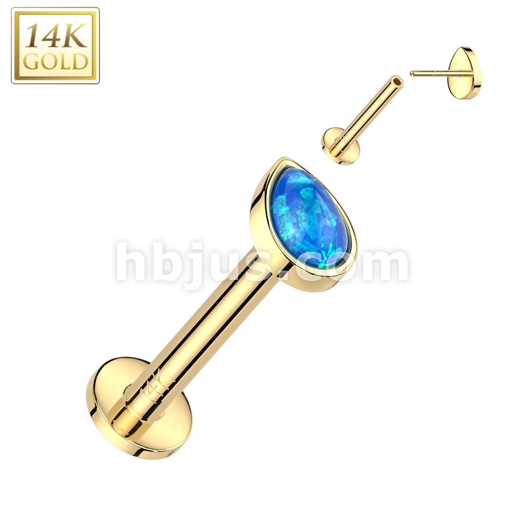 14KT  Gold 14K Gold Threadless Labret/Flat Back Stud With Pear Opal Top - Image 3