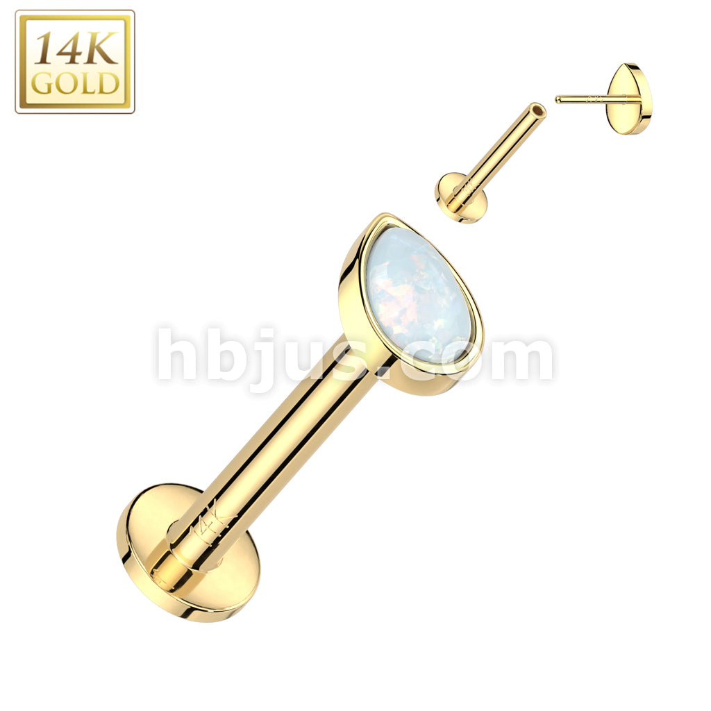14K Gold Threadless Labret/Flat Back Stud With Pear Opal Top - Image 4