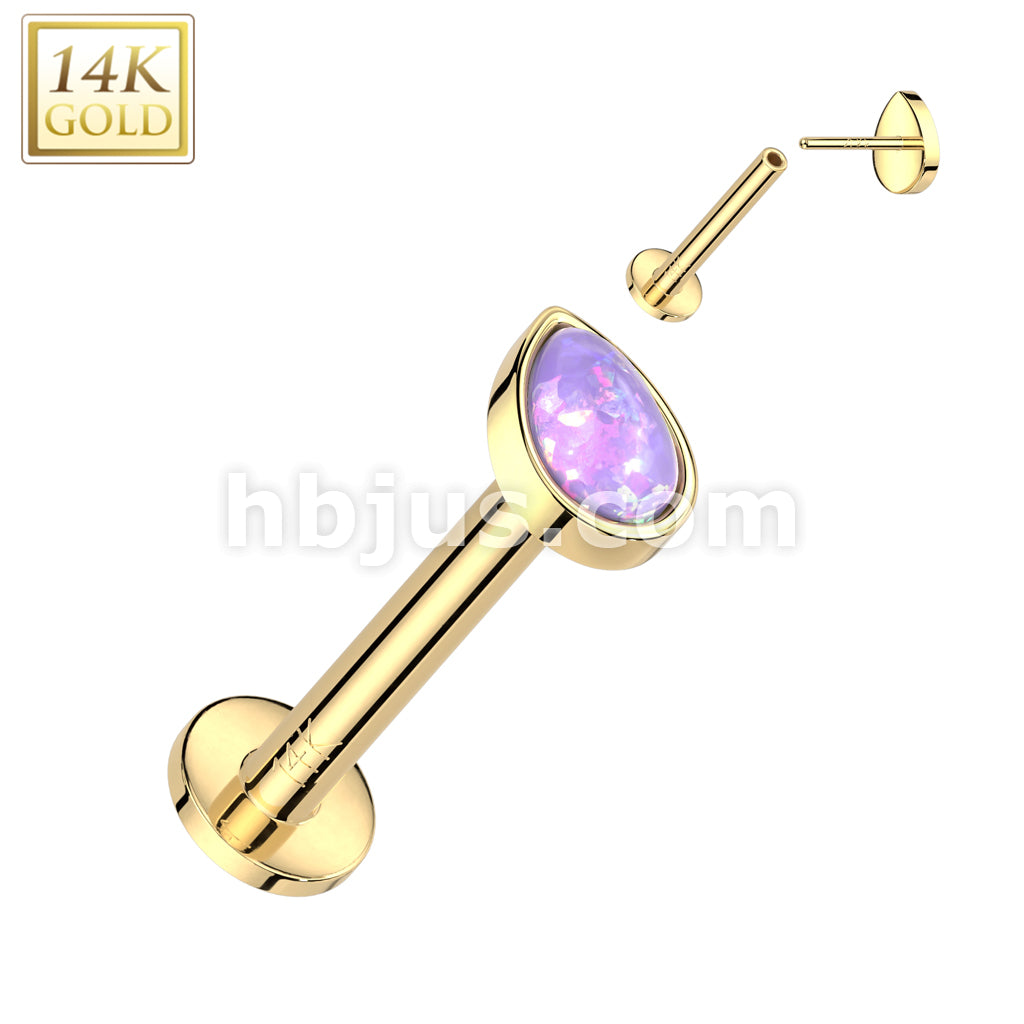 14KT  Gold 14K Gold Threadless Labret/Flat Back Stud With Pear Opal Top - Image 5