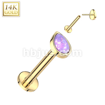 14KT  Gold 14K Gold Threadless Labret/Flat Back Stud With Pear Opal Top - Image 5