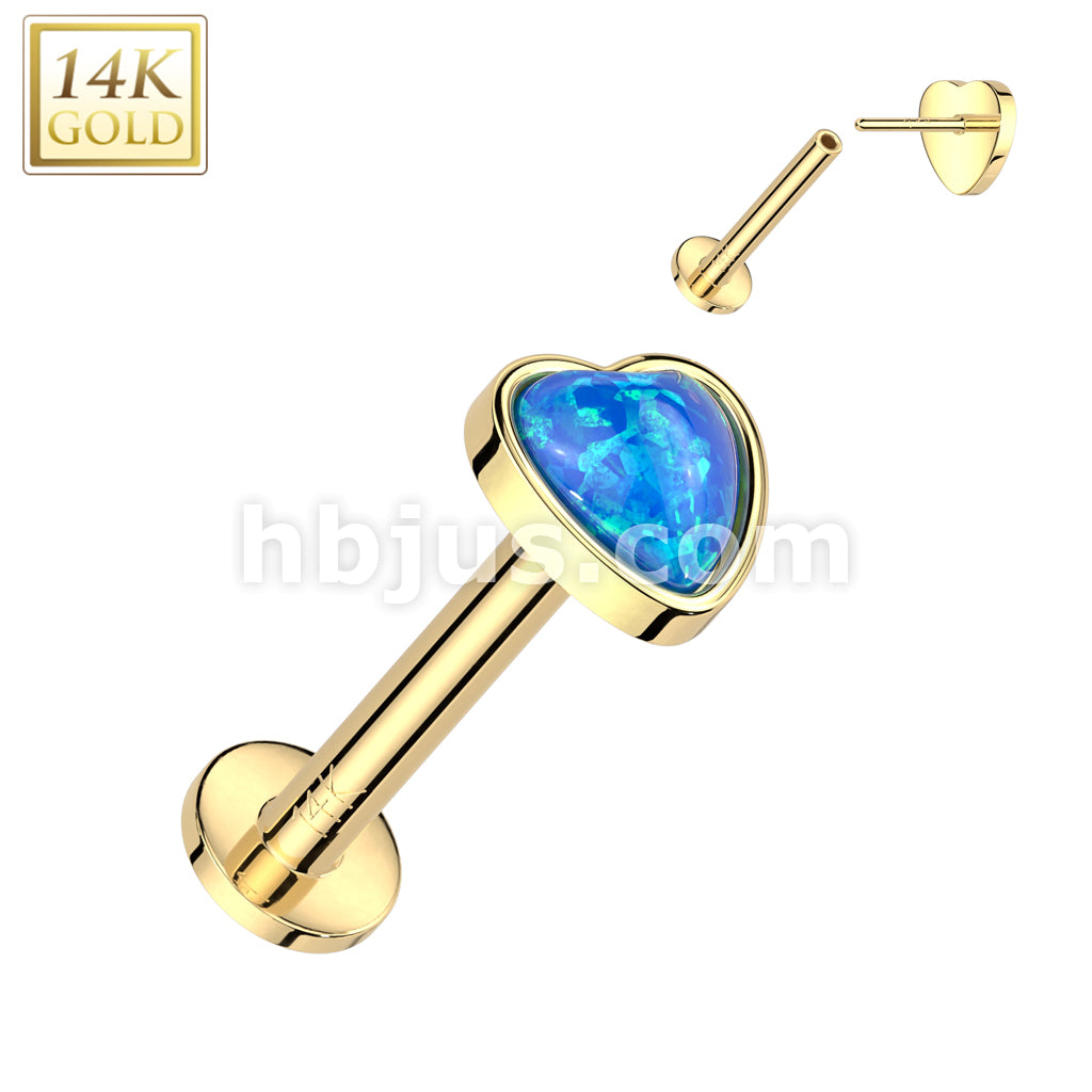 14KT  Gold 14K Gold Threadless Labret/Flat Back Stud With Heart Opal Top - Image 3