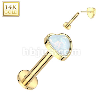 14KT  Gold 14K Gold Threadless Labret/Flat Back Stud With Heart Opal Top - Image 4