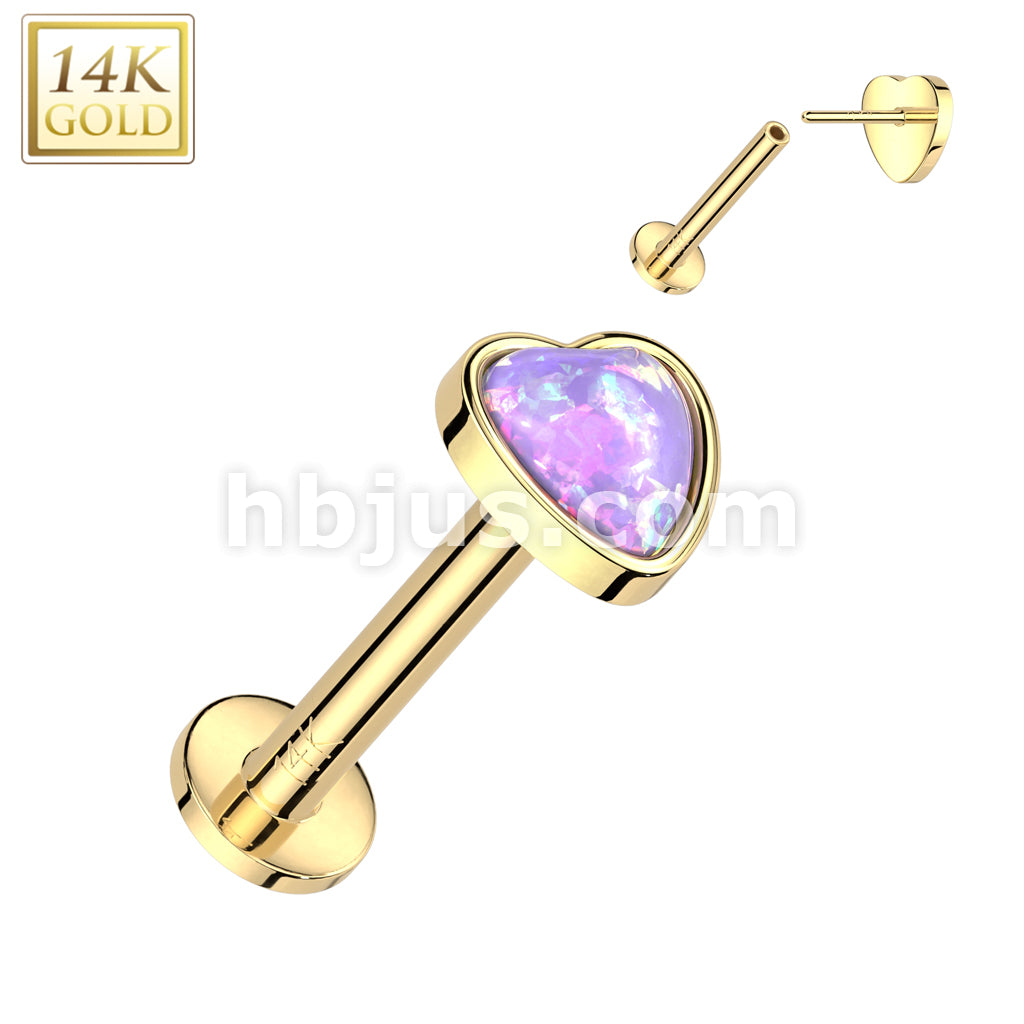 14KT  Gold 14K Gold Threadless Labret/Flat Back Stud With Heart Opal Top - Image 5