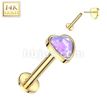 14KT  Gold 14K Gold Threadless Labret/Flat Back Stud With Heart Opal Top - Image 5