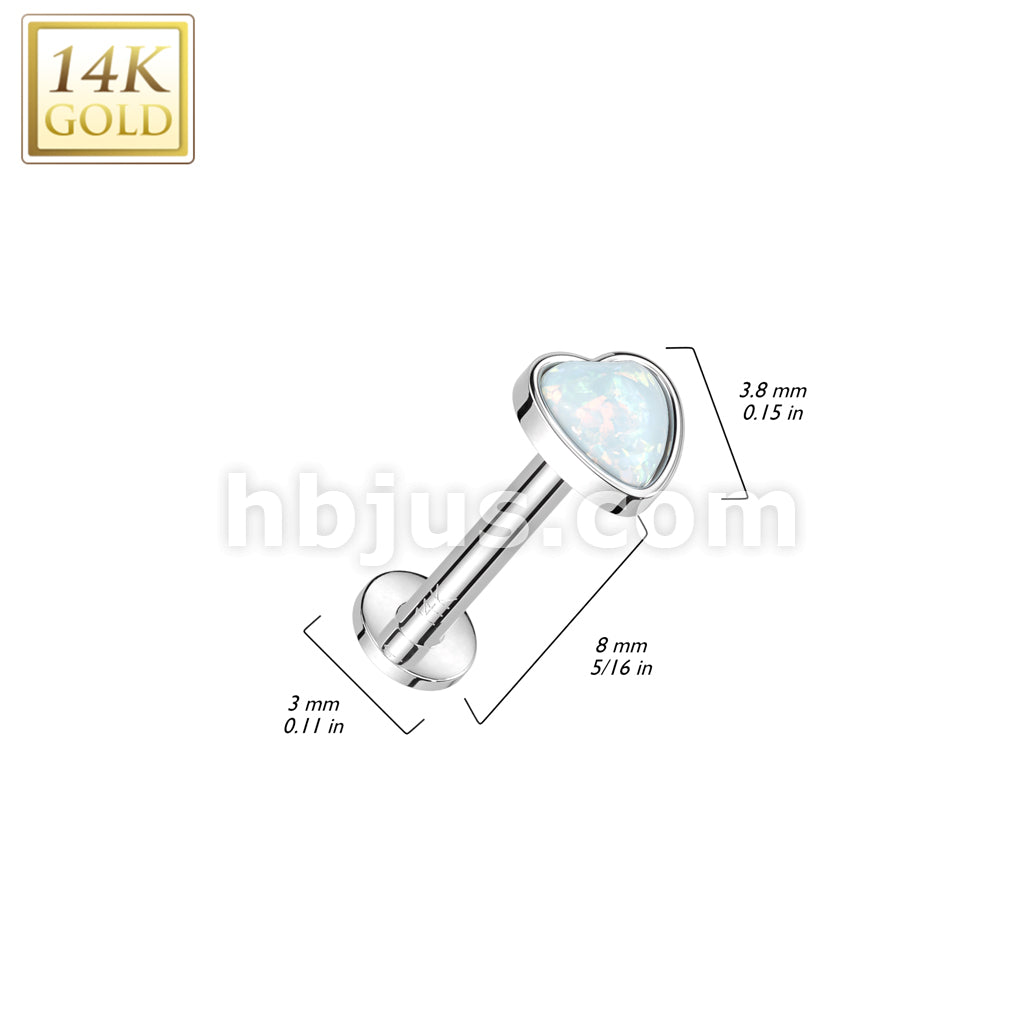 14K Gold Threadless Labret/Flat Back Stud With Heart Opal Top - Image 6