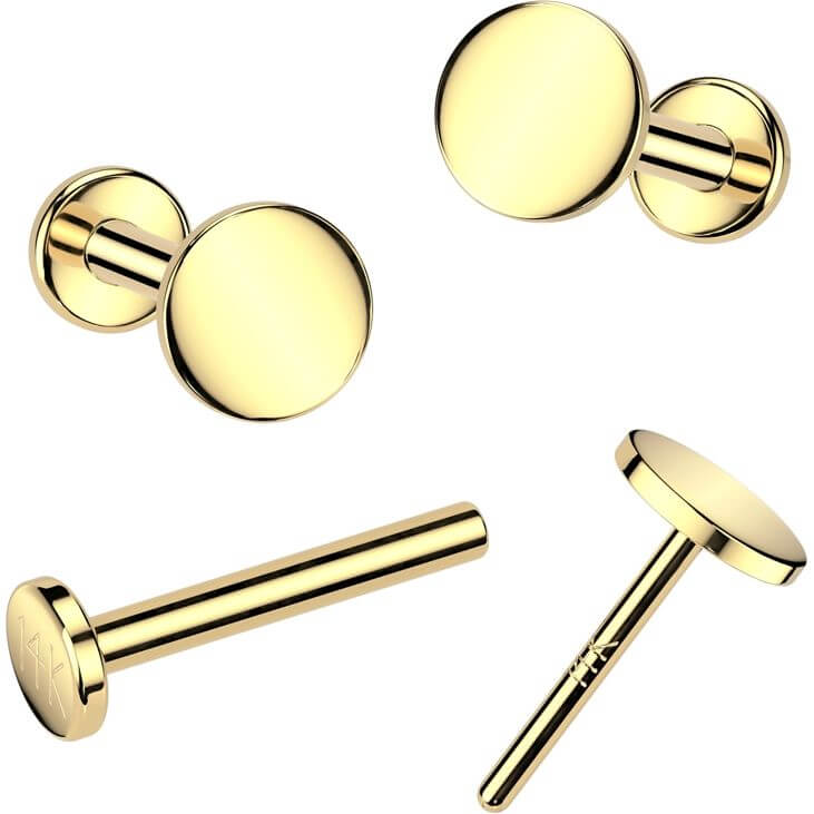 14K Gold Threadless Push In 20ga Flat Back Stud With Flat Round Top For Nose, Ear and More