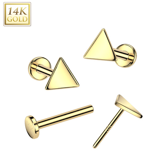 14K Gold Threadless Push In 20ga Flat Back Stud With Flat Triangle Top For Nose, Ear and More