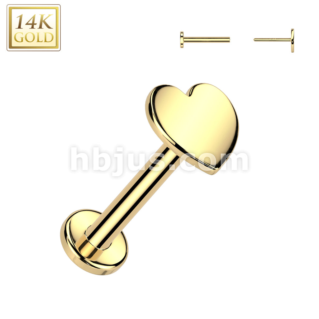 14K Gold Threadless Push In 20ga Flat Back Stud With Flat Heart Top For Nose, Ear and More - Image 2