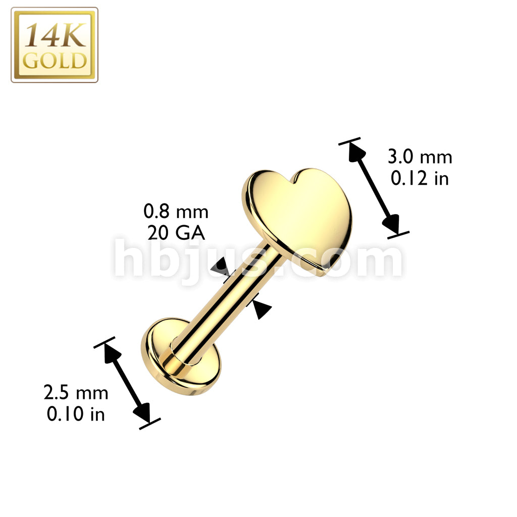 14K Gold Threadless Push In 20ga Flat Back Stud With Flat Heart Top For Nose, Ear and More - Image 3