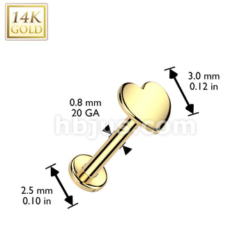 14K Gold Threadless Push In 20ga Flat Back Stud With Flat Heart Top For Nose, Ear and More - Image 3