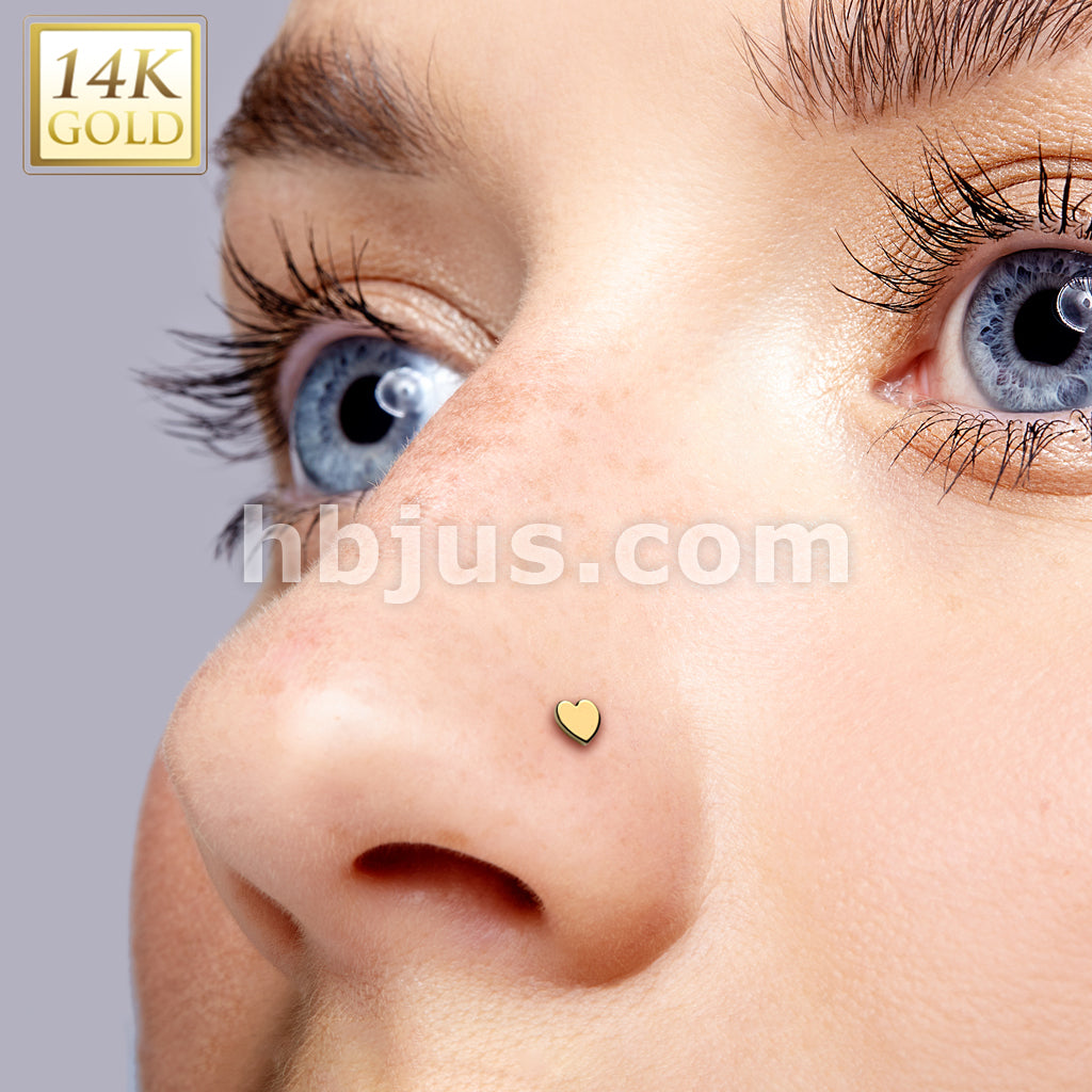 14K Gold Threadless Push In 20ga Flat Back Stud With Flat Heart Top For Nose, Ear and More - Image 4