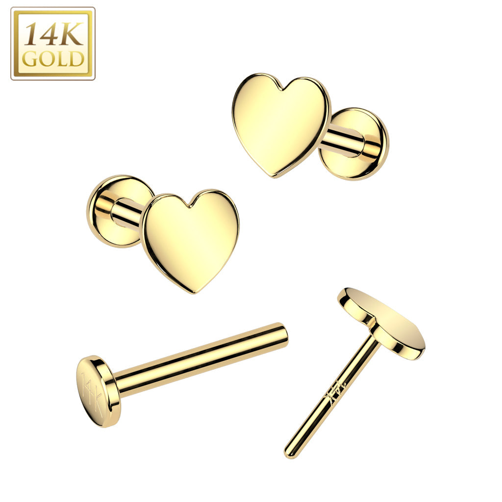 14K Gold Threadless Push In 20ga Flat Back Stud With Flat Heart Top For Nose, Ear and More