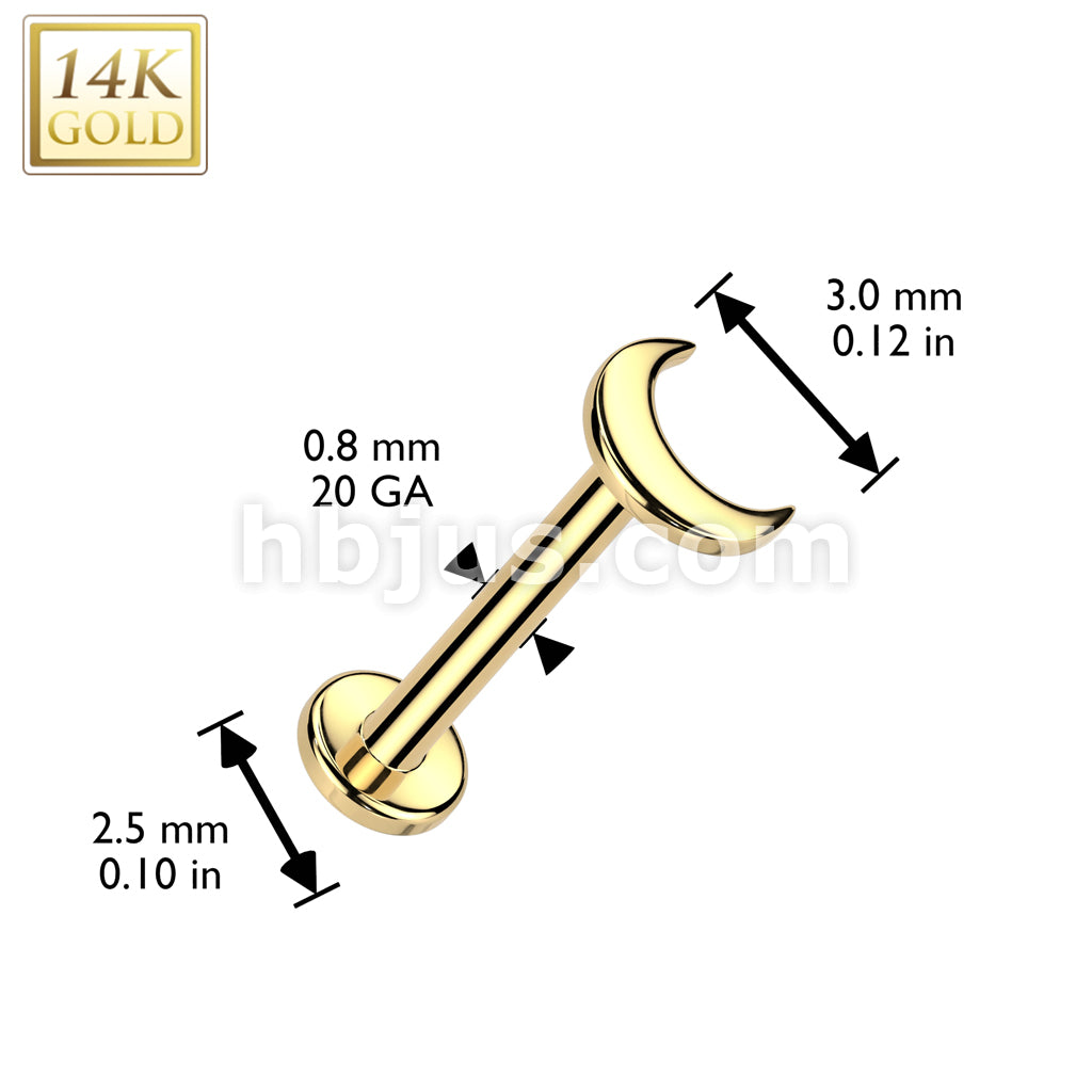 14K Gold Threadless Push In 20ga Flat Back Stud With Flat Crescent Moon Top For Nose, Ear and More - Image 3