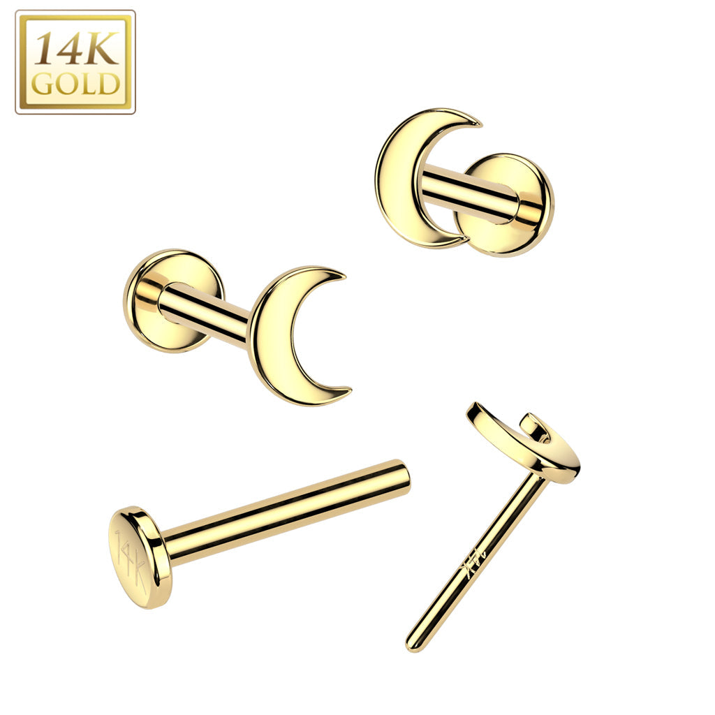 14K Gold Threadless Push In 20ga Flat Back Stud With Flat Crescent Moon Top For Nose, Ear and More