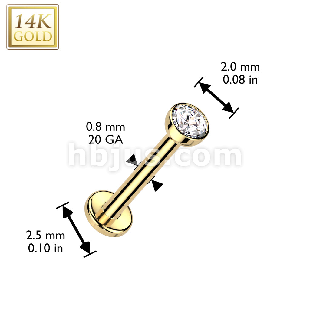14K Gold Threadless Push In 20ga Flat Back Stud With Bezel Set CZ Top For Nose, Ear and More - Image 3