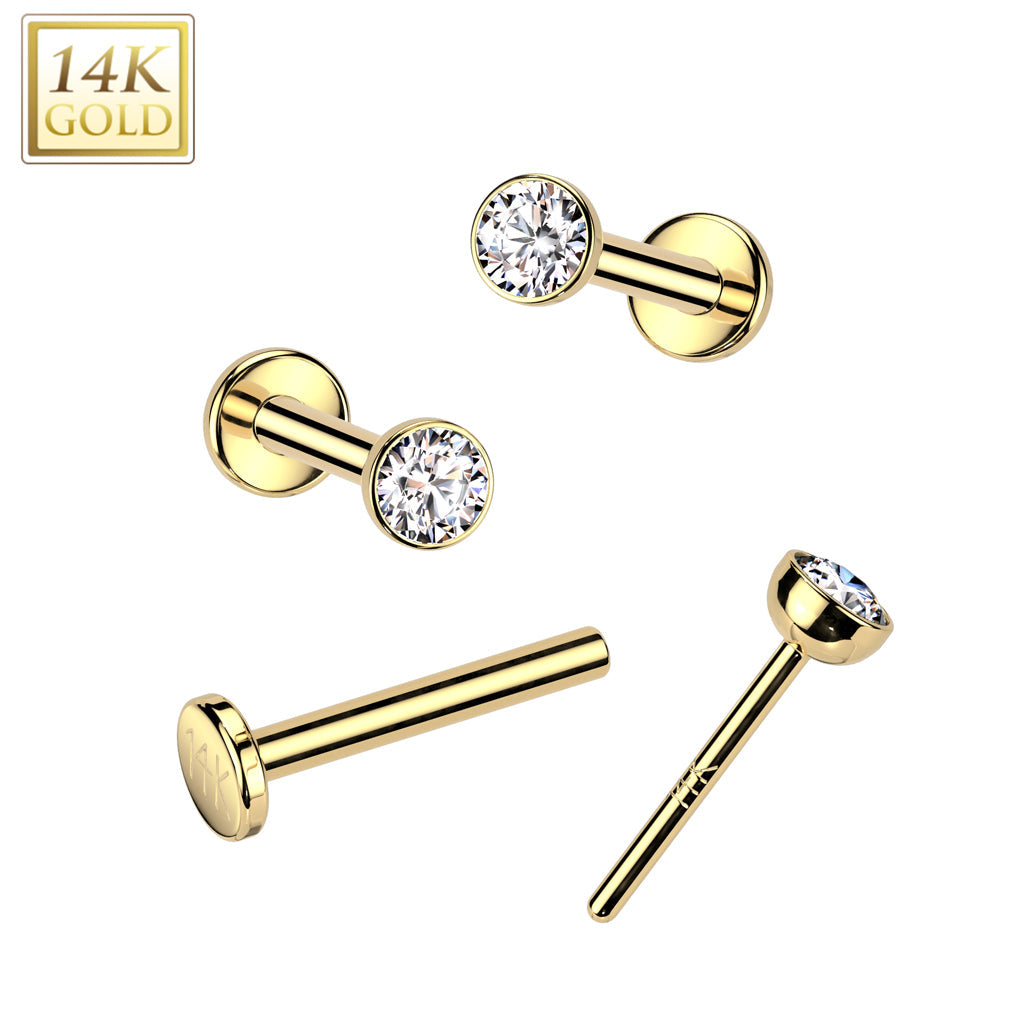 14KT Gold 14K Gold Threadless Push In 20ga Flat Back Stud With Bezel...