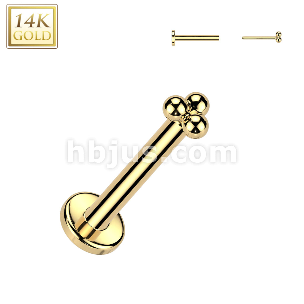 14K Gold Threadless Push In 20ga Flat Back Stud With Triangular Ball Cluster Top For Nose, Ear and More - Image 2