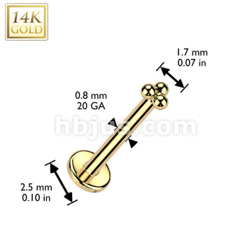 14K Gold Threadless Push In 20ga Flat Back Stud With Triangular Ball Cluster Top For Nose, Ear and More - Image 3