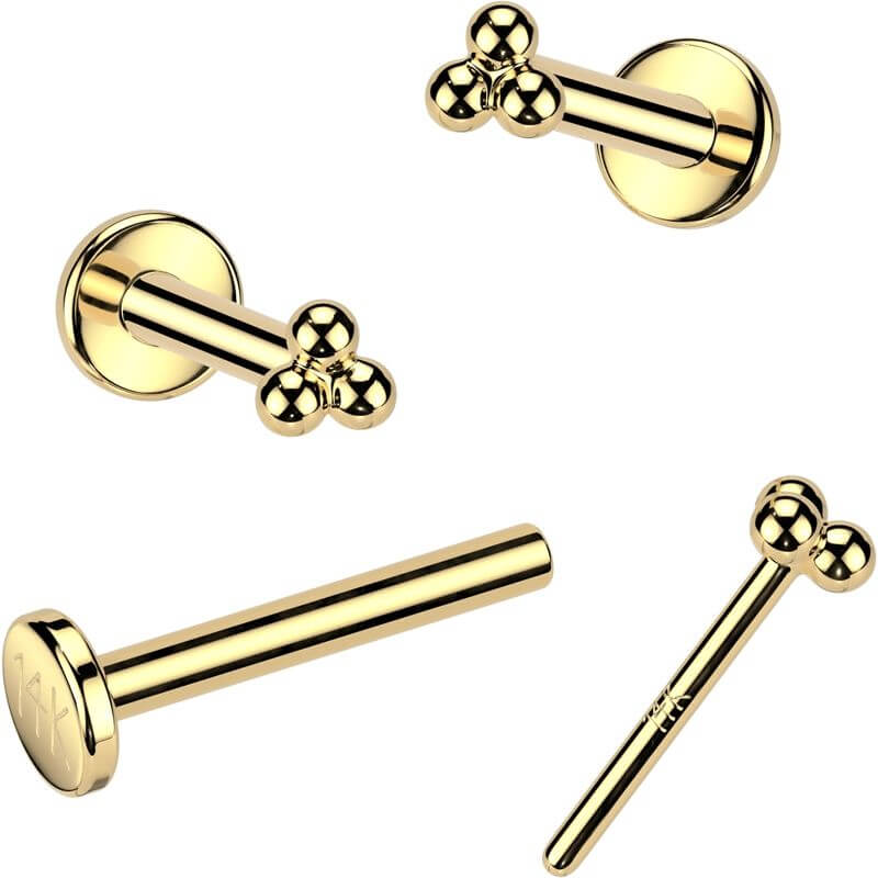14K Gold Threadless Push In 20ga Flat Back Stud With Triangular Ball Cluster Top For Nose, Ear and More