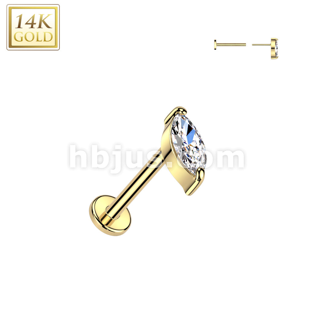 14K Gold Threadless Push In 20ga Flat Back Stud With Marquise CZ Top For Nose, Ear and More - Image 2