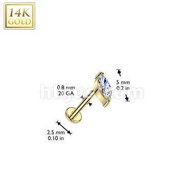 14K Gold Threadless Push In 20ga Flat Back Stud With Marquise CZ Top For Nose, Ear and More - Image 3