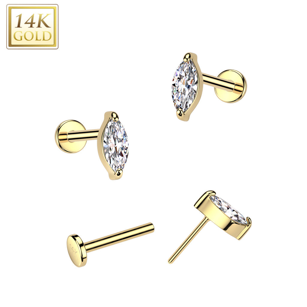 14K Gold Threadless Push In 20ga Flat Back Stud With Marquise CZ Top For Nose, Ear and More