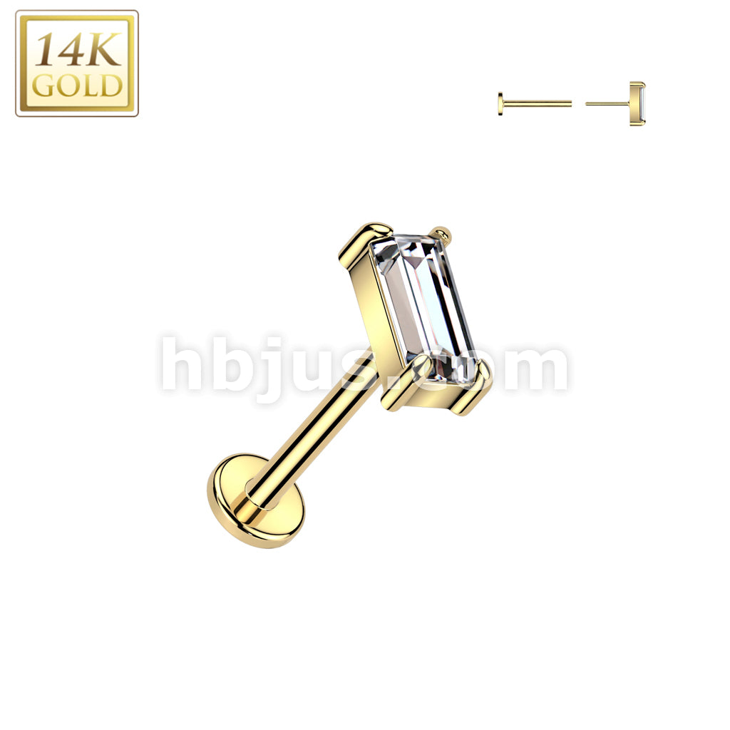 14K Gold Threadless Push In 20ga Flat Back Stud With Baguette CZ Top For Nose, Ear and More - Image 2