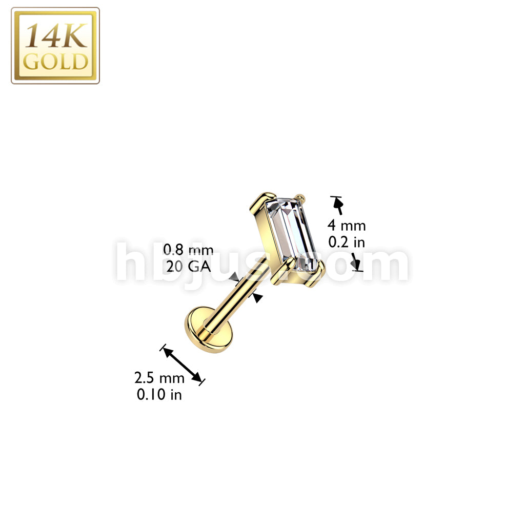 14K Gold Threadless Push In 20ga Flat Back Stud With Baguette CZ Top For Nose, Ear and More - Image 3