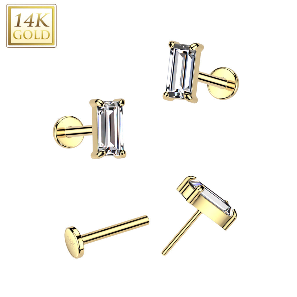 14K Gold Threadless Push In 20ga Flat Back Stud With Baguette CZ Top For Nose, Ear and More