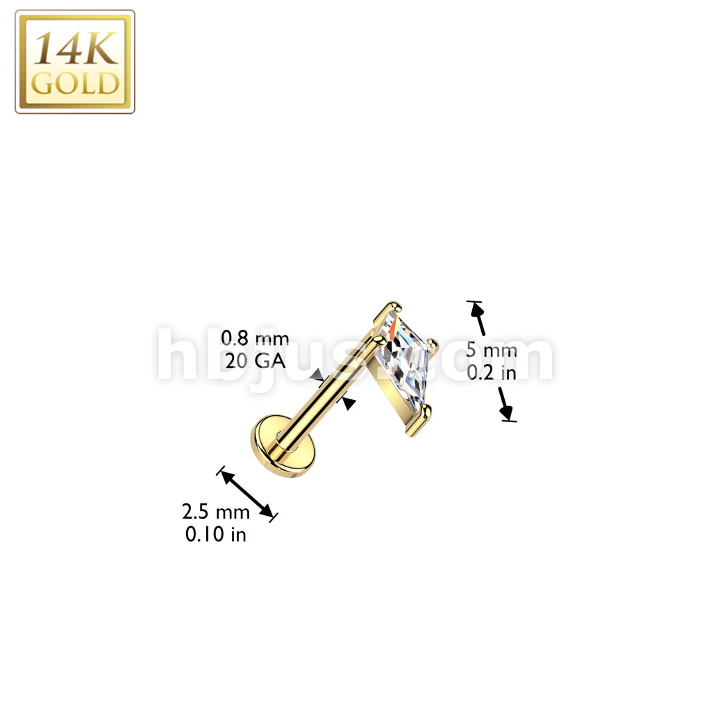 14K Gold Threadless Push In 20ga Flat Back Stud With CZ Spear Head Top For Nose, Ear and More - Image 3