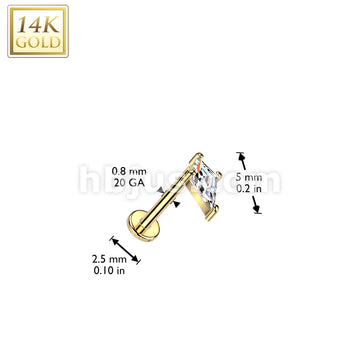 14K Gold Threadless Push In 20ga Flat Back Stud With CZ Spear Head Top For Nose, Ear and More - Image 3