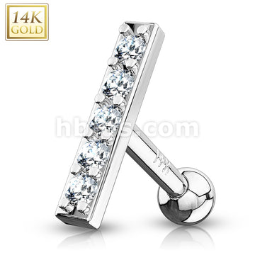 14KT  Gold CZ Lined Set 10mm Long Bar Top 14K Gold Cartilage/Tragus Barbell - Image 2