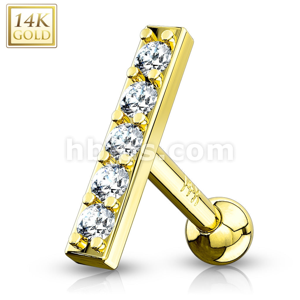 14KT  Gold CZ Lined Set 10mm Long Bar Top 14K Gold Cartilage/Tragus Barbell - Image 3