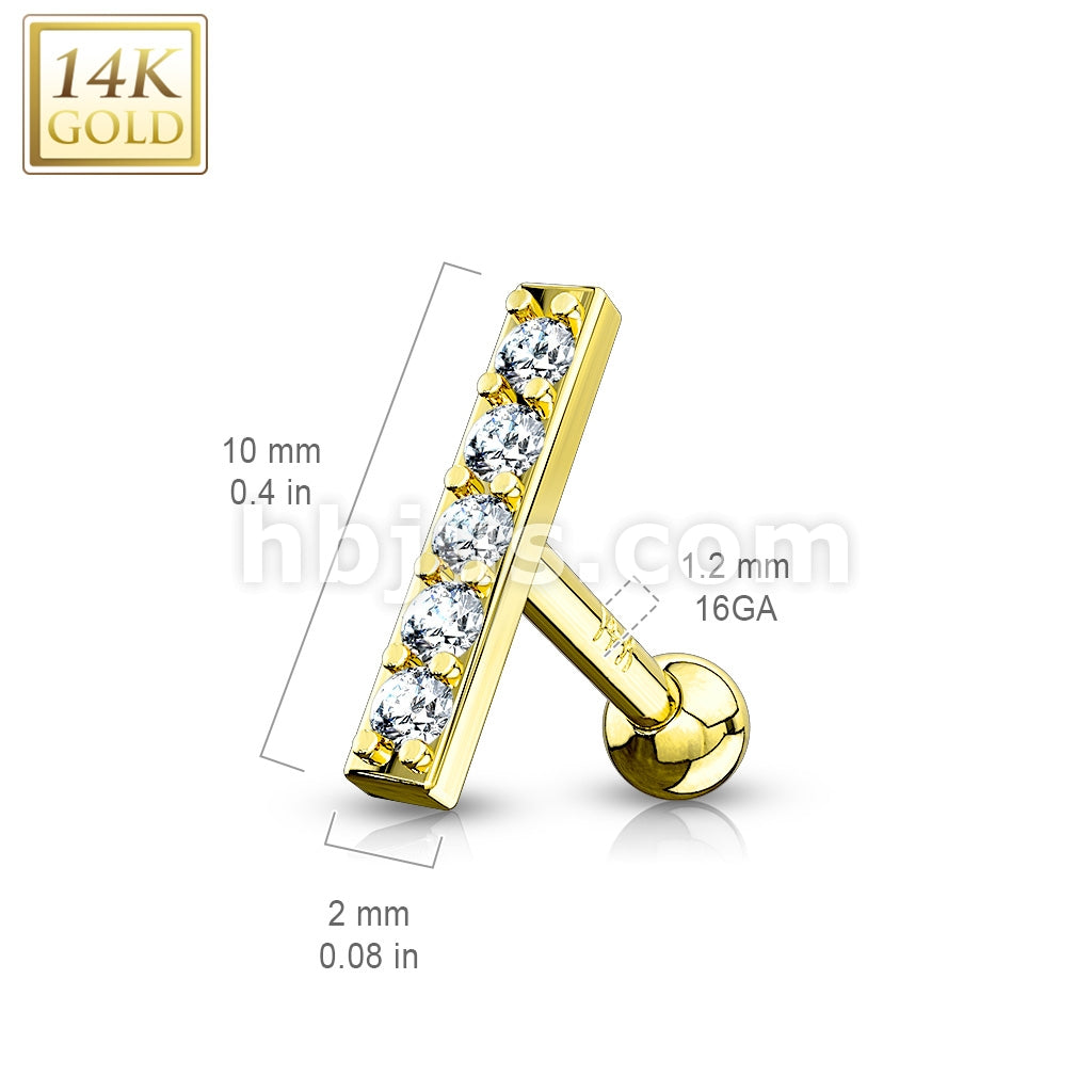 14KT  Gold CZ Lined Set 10mm Long Bar Top 14K Gold Cartilage/Tragus Barbell - Image 4