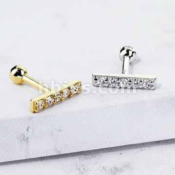 14KT  Gold CZ Lined Set 10mm Long Bar Top 14K Gold Cartilage/Tragus Barbell - Image 5