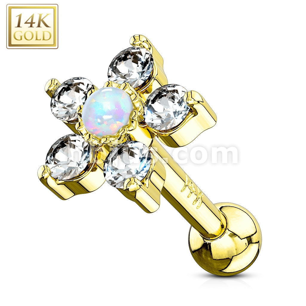5 CZ Petals with Opal Center Flower Top 14K Gold Cartilage/Tragus Barbell - Image 3