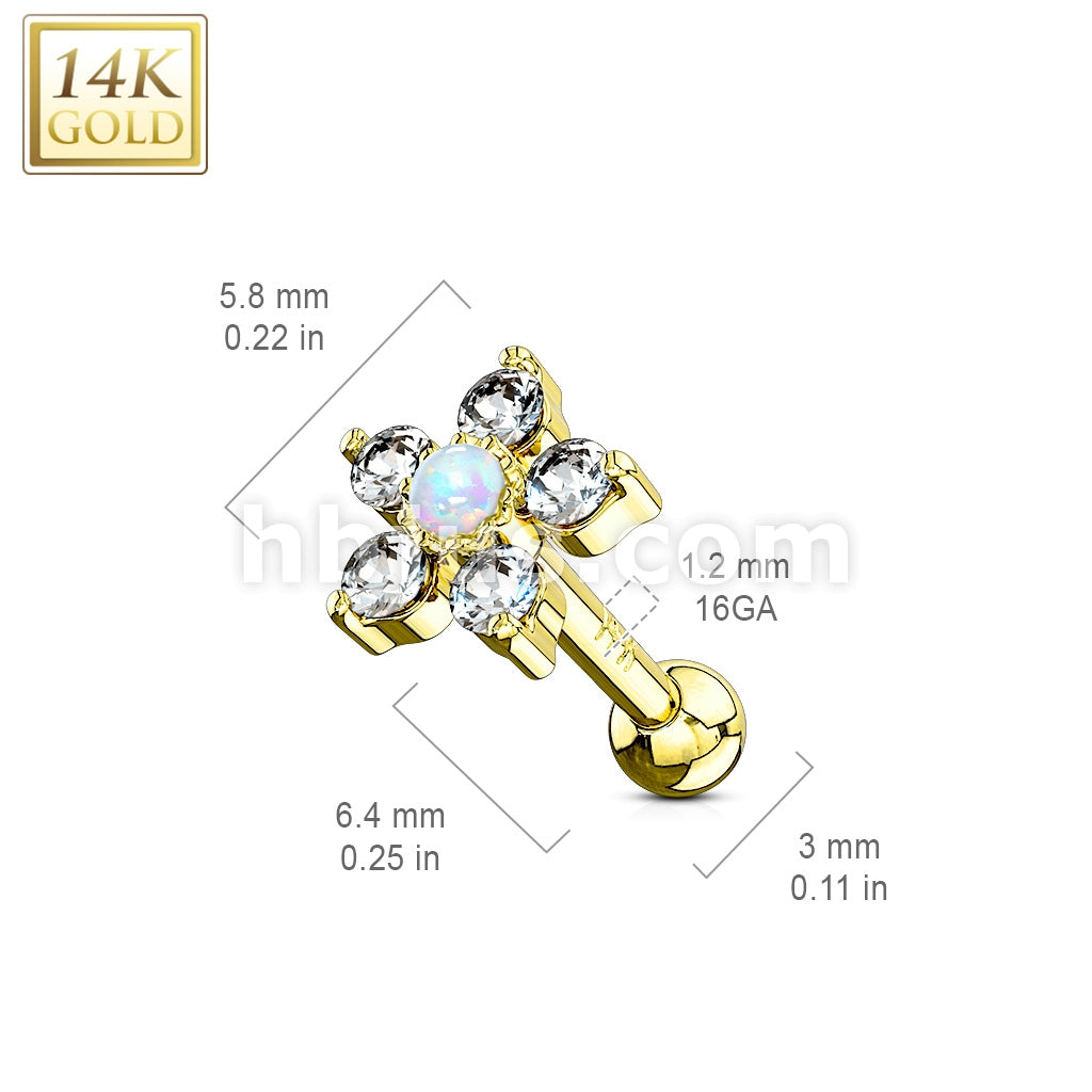 5 CZ Petals with Opal Center Flower Top 14K Gold Cartilage/Tragus Barbell - Image 4
