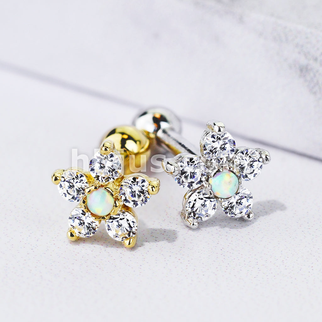 5 CZ Petals with Opal Center Flower Top 14K Gold Cartilage/Tragus Barbell - Image 5