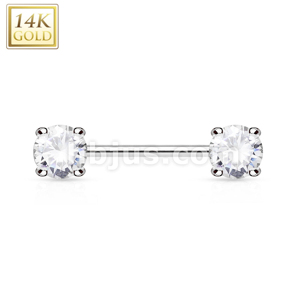 14KT  Gold Double Prong Set AAA CZ 14K Gold Nipple Bar - Image 2
