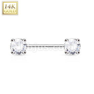 14KT  Gold Double Prong Set AAA CZ 14K Gold Nipple Bar - Image 2