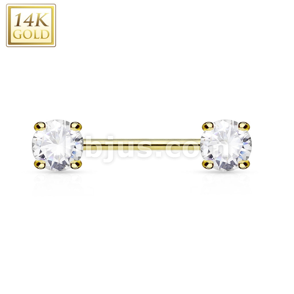 14KT  Gold Double Prong Set AAA CZ 14K Gold Nipple Bar - Image 3